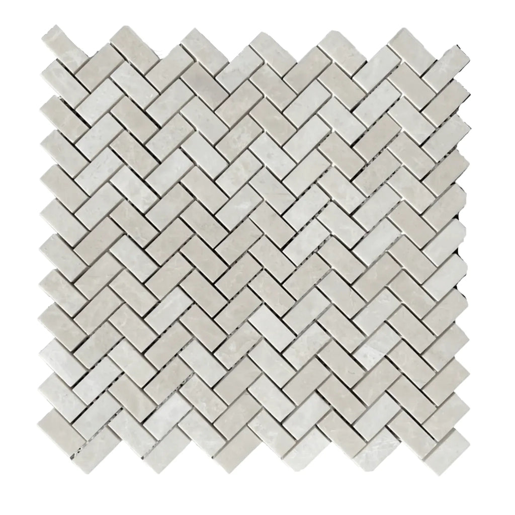 White Pearl and Botticino Beige Marble Herringbone Mosaic Tile Sheet Polished Finish