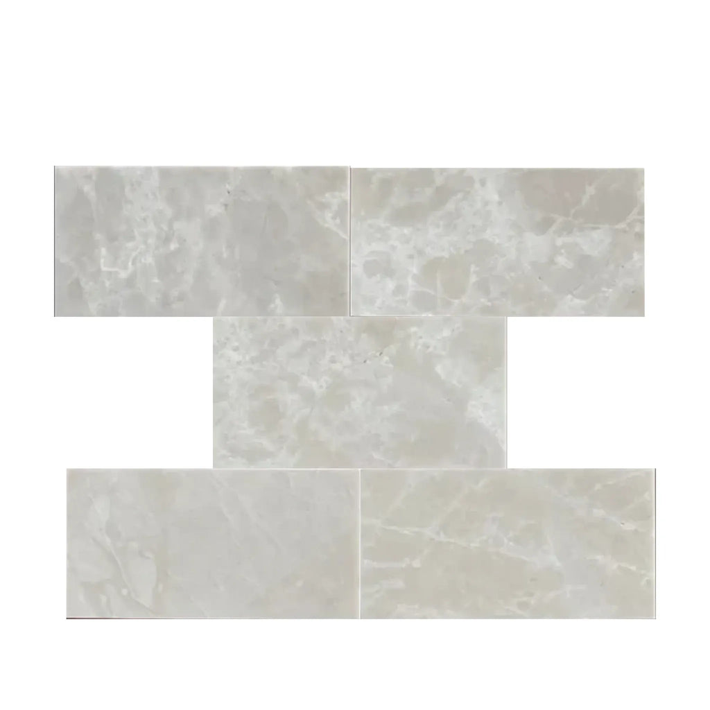 Rectangular White Pearl Botticino Beige Marble 6X12 polished honed tiles displayed