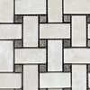 White and gray basketweave tile in White Pearl/Botticino Beige Marble Mosaic with dots