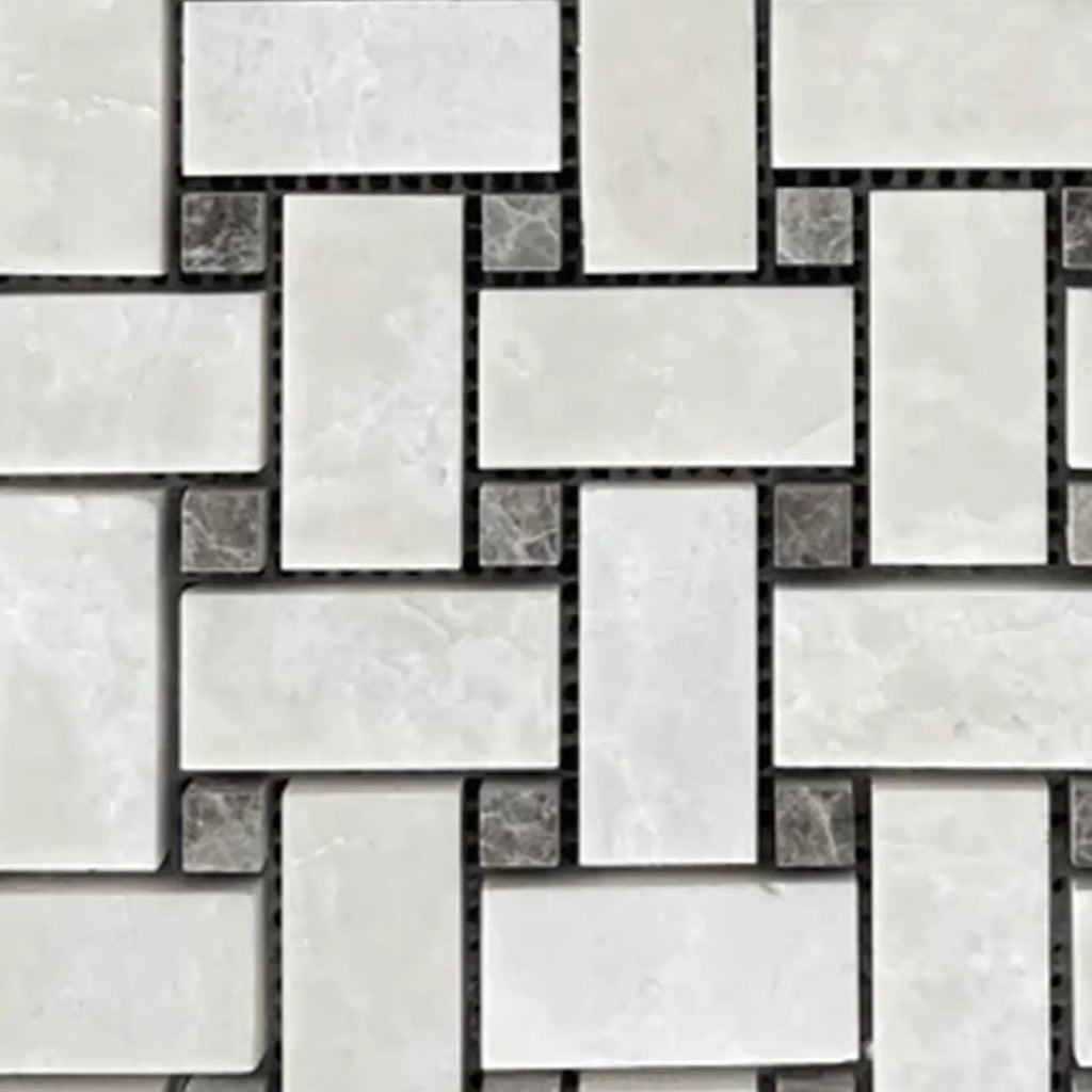 White and gray basketweave tile in White Pearl/Botticino Beige Marble Mosaic with dots