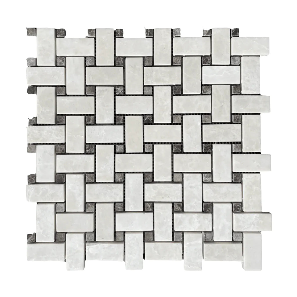 Woven pattern of White Pearl and Botticino Beige Marble Mosaic with Emperador Dark dots