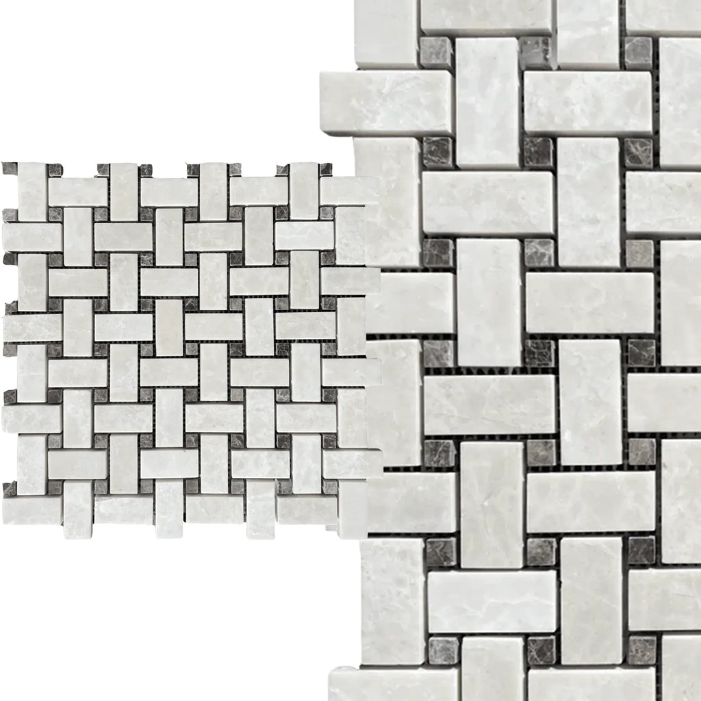 White and gray mosaic tile design in White Pearl/Botticino Beige Marble Basketweave Mosaic