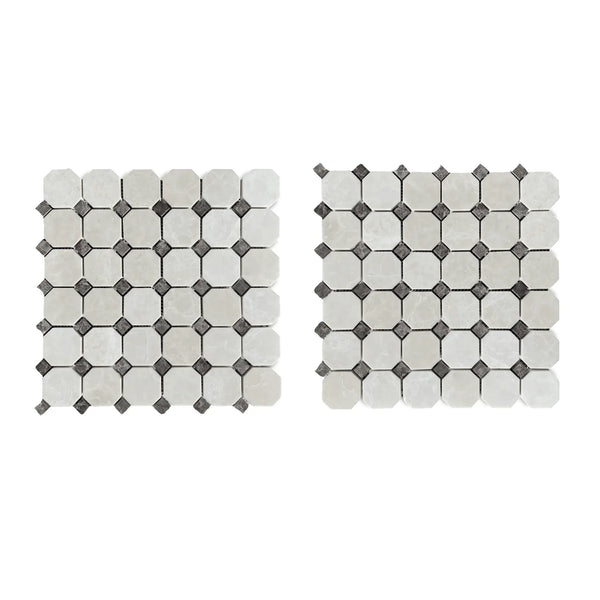 Two mosaic tile sheets of White Pearl and Botticino Beige Marble with Emperador Dark Dots