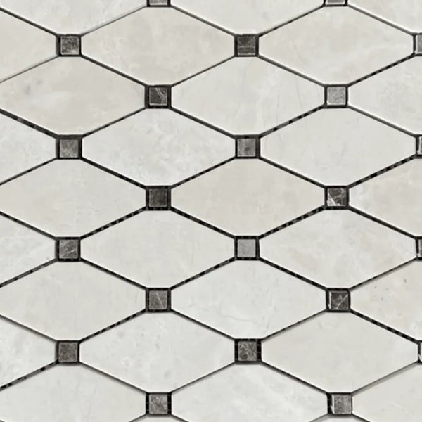 Diamond and square patterned tile in White Pearl/Botticino Beige Marble Octave Mosaic