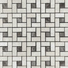 Geometric mosaic tile pattern featuring White Pearl and Botticino Beige with Emperador Dark dots