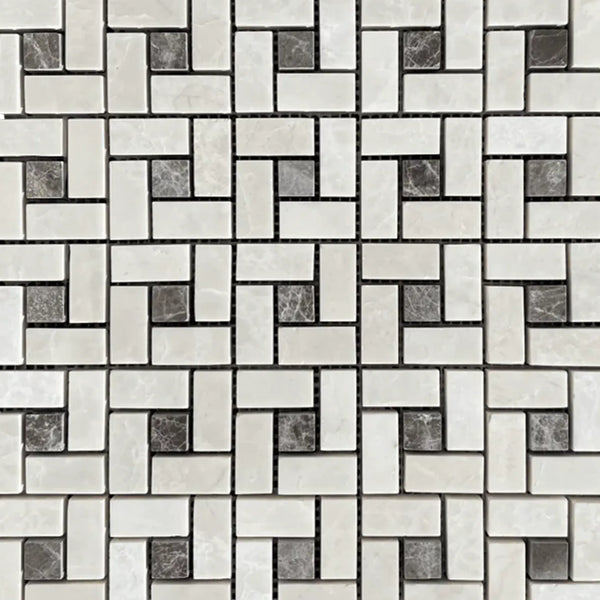 Geometric mosaic tile pattern featuring White Pearl and Botticino Beige with Emperador Dark dots