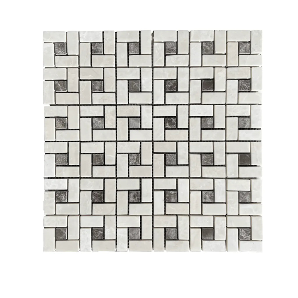 Square mosaic tile pattern featuring White Pearl and Botticino Beige marble with Emperador dots